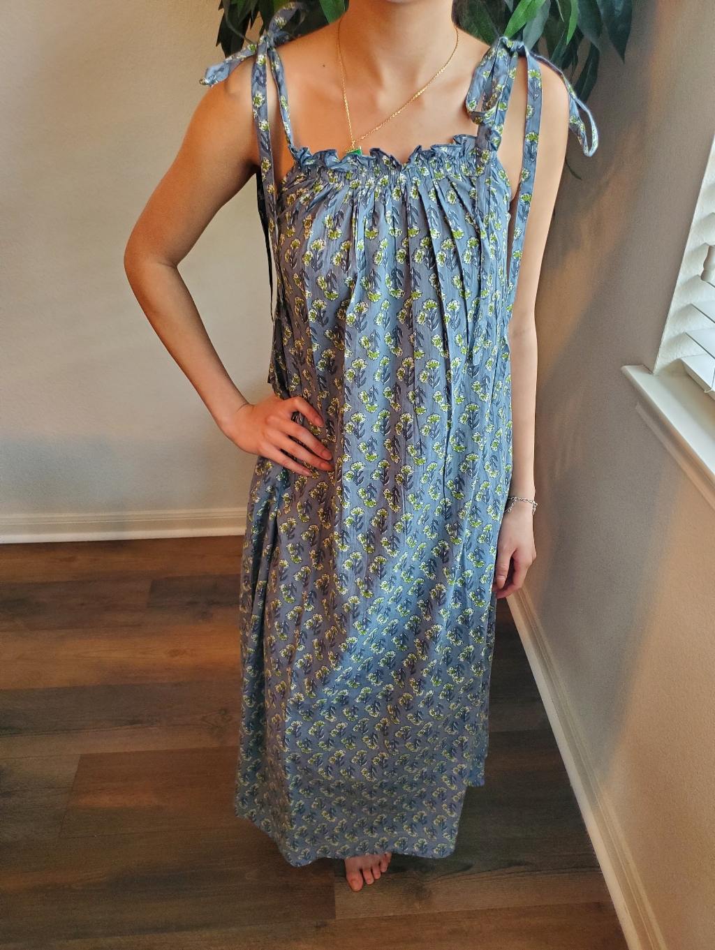 Ex Voto Blue Floral Tie-Shoulder Maxi Dress